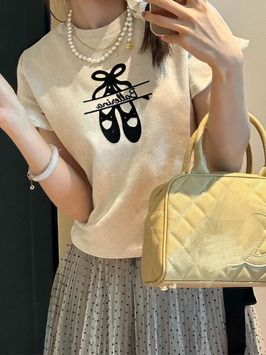 Bow ballet shoes right shoulder short sleeve t-shirt for women 2024 new summer slim long and short hot girl top