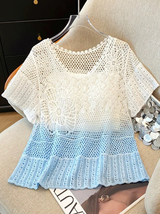 Self-retained style recommendation ~ Gradient V-neck hook flower hollow knit sweater for women 2025 spring and summer super beautiful layered cardigan