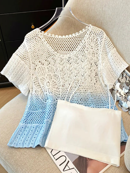 Self-retained style recommendation ~ Gradient V-neck hook flower hollow knit sweater for women 2025 spring and summer super beautiful layered cardigan