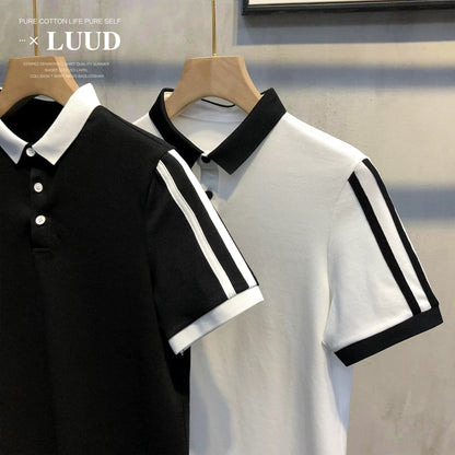 LUUD new double shoulder color matching lapel POLO shirt trendy men's retro slim short-sleeved T-shirt casual men's top trend