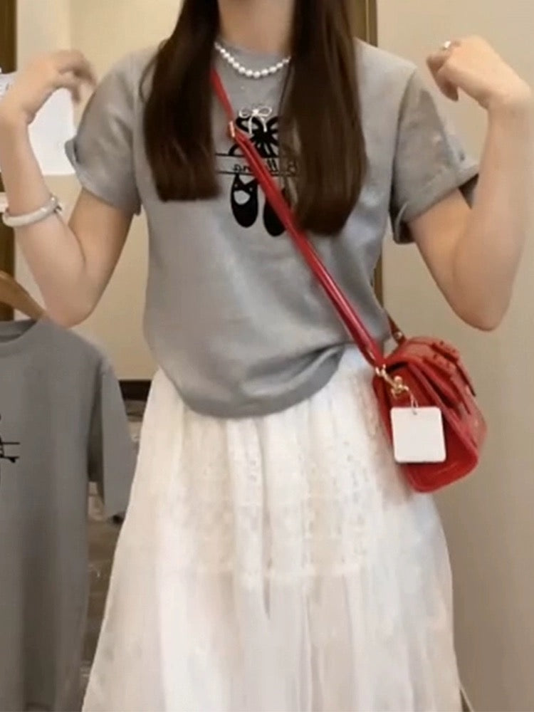 Bow ballet shoes right shoulder short sleeve t-shirt for women 2024 new summer slim long and short hot girl top