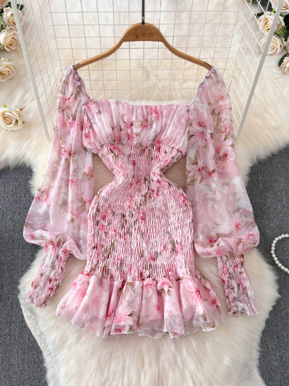 Early autumn chiffon floral print dress, long sleeves, French retro sweet ruffled fishtail skirt, bodycon mini skirt