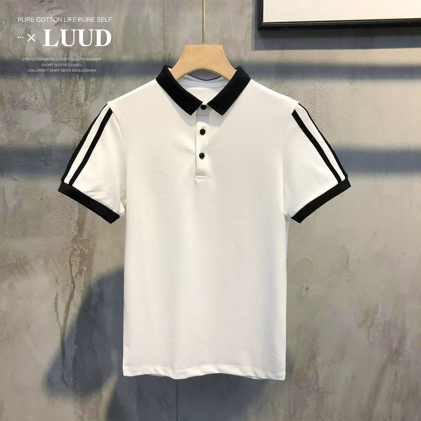 LUUD new double shoulder color matching lapel POLO shirt trendy men's retro slim short-sleeved T-shirt casual men's top trend
