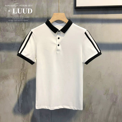 LUUD new double shoulder color matching lapel POLO shirt trendy men's retro slim short-sleeved T-shirt casual men's top trend
