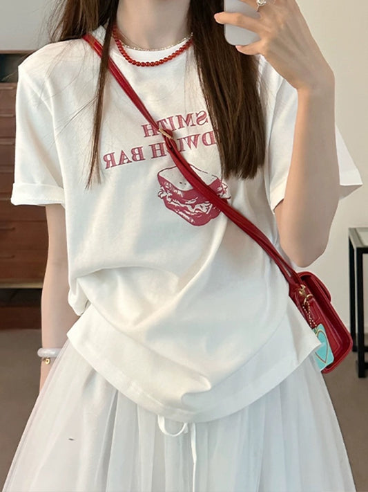 Letter printed white right shoulder short-sleeved T-shirt for women 2024 new hot style summer loose round neck pure cotton shirt top