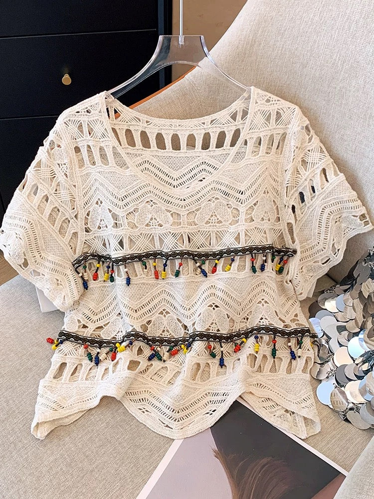 Clearance sale~Summer retro ethnic style crochet hollow short-sleeved knitted sweater for women, thin design V-neck top
