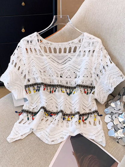 Clearance sale~Summer retro ethnic style crochet hollow short-sleeved knitted sweater for women, thin design V-neck top