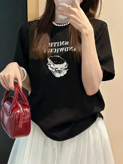 Letter printed white right shoulder short-sleeved T-shirt for women 2024 new hot style summer loose round neck pure cotton shirt top