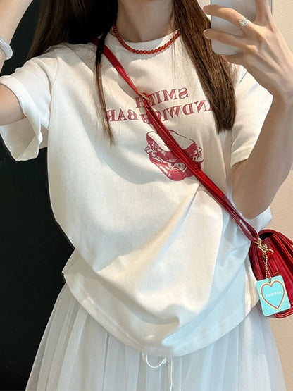 Letter printed white right shoulder short-sleeved T-shirt for women 2024 new hot style summer loose round neck pure cotton shirt top