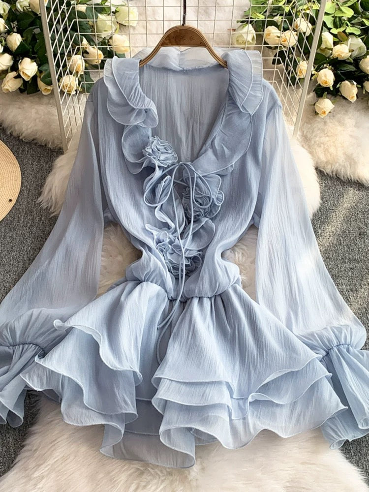 French-style gentle ruffle V-neck dress for women, 2025 new summer style, slim fit, elegant princess short skirt