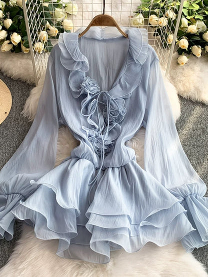 French-style gentle ruffle V-neck dress for women, 2025 new summer style, slim fit, elegant princess short skirt