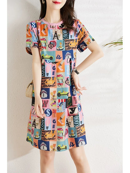 Cartoon Printed Chiffon Dress Women's Summer 2024 New Slightly Fat MM Loose Cover Belly Slim Casual A-Line Skirt
