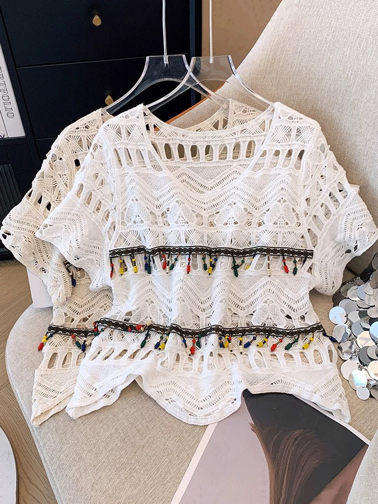 Clearance sale~Summer retro ethnic style crochet hollow short-sleeved knitted sweater for women, thin design V-neck top