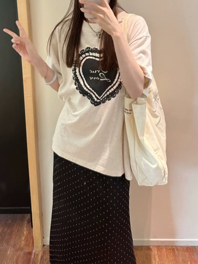 Korean style super good-looking colorful dot love printed short-sleeved T-shirt for women 2024 new popular summer loose casual top