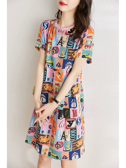 Cartoon Printed Chiffon Dress Women's Summer 2024 New Slightly Fat MM Loose Cover Belly Slim Casual A-Line Skirt
