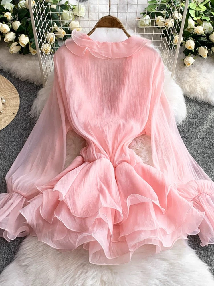 French-style gentle ruffle V-neck dress for women, 2025 new summer style, slim fit, elegant princess short skirt