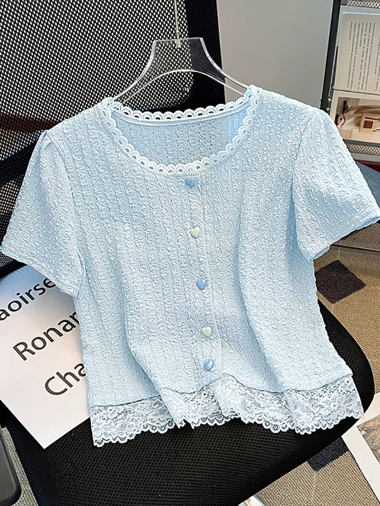 Self-retained model recommendation ~ French lace stitching short-sleeved T-shirt female 2025 summer new slim short top