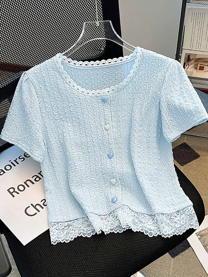 Self-retained model recommendation ~ French lace stitching short-sleeved T-shirt female 2025 summer new slim short top