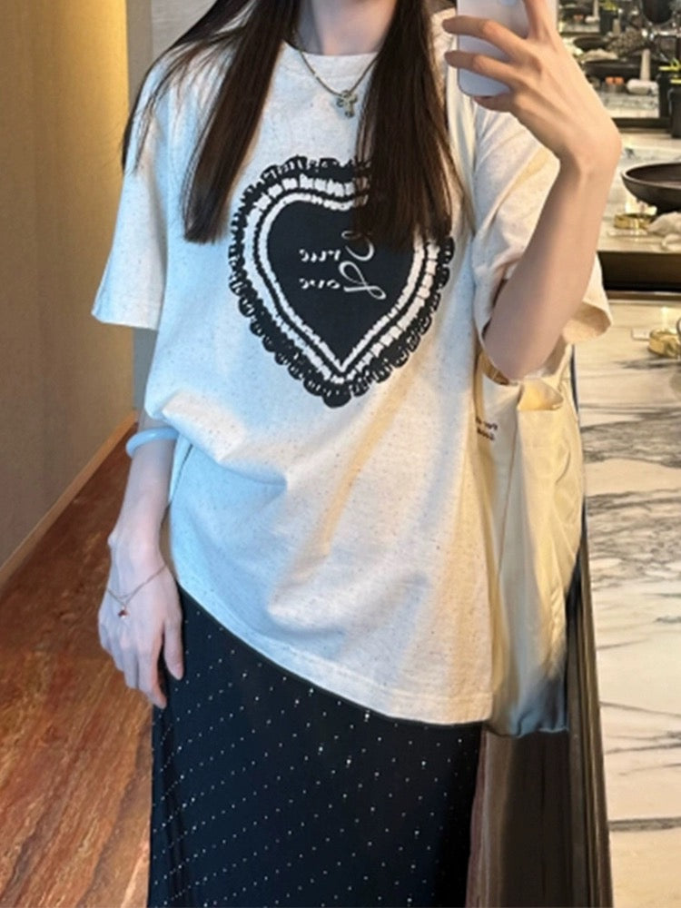 Korean style super good-looking colorful dot love printed short-sleeved T-shirt for women 2024 new popular summer loose casual top
