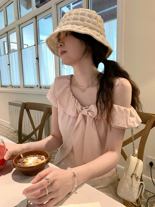 PtonUmi Cherry Blossom Salted Soda Pink Striped Off-Shoulder Short-Sleeve Shirt Women's Summer Bow Short-Sleeve Top