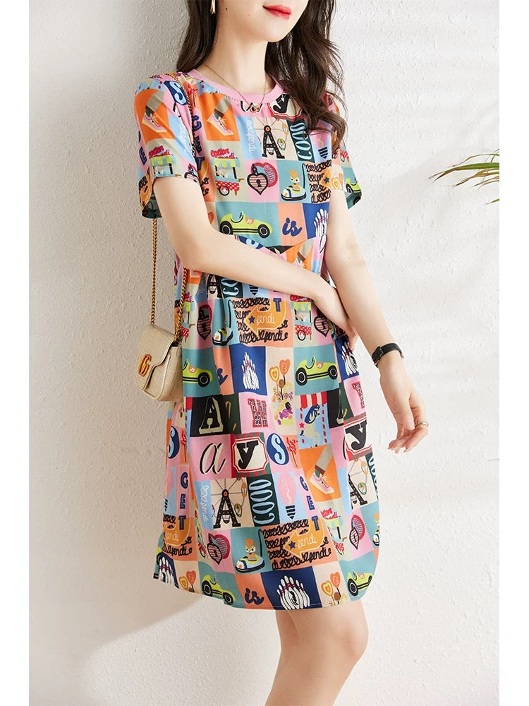 Cartoon Printed Chiffon Dress Women's Summer 2024 New Slightly Fat MM Loose Cover Belly Slim Casual A-Line Skirt
