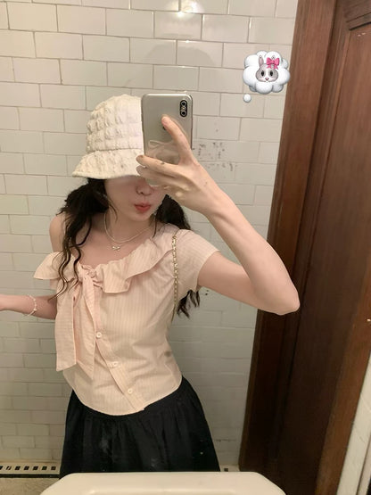 PtonUmi Cherry Blossom Salted Soda Pink Striped Off-Shoulder Short-Sleeve Shirt Women's Summer Bow Short-Sleeve Top
