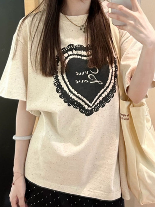 Korean style super good-looking colorful dot love printed short-sleeved T-shirt for women 2024 new popular summer loose casual top