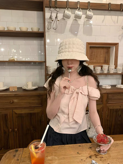 PtonUmi Cherry Blossom Salted Soda Pink Striped Off-Shoulder Short-Sleeve Shirt Women's Summer Bow Short-Sleeve Top