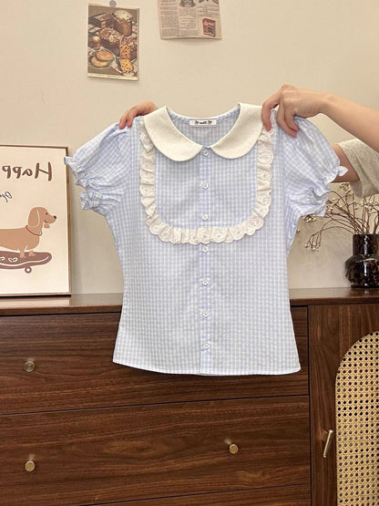Creamy Universe: Lace Blue Plaid Peter Pan Collar Short-Sleeve Women's Sweet Style Slim Fit Puff Sleeve Top