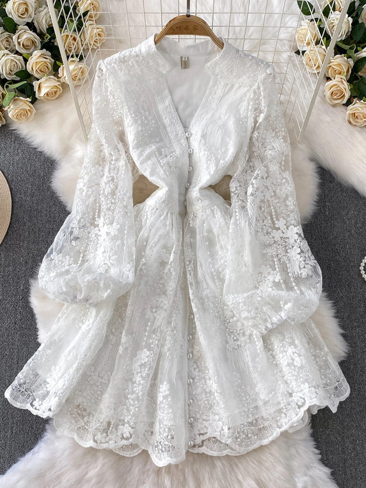 European and American style retro lace embroidery V-neck lantern sleeve dress for women, summer single-breasted, waist-cinching, slimming princess dress