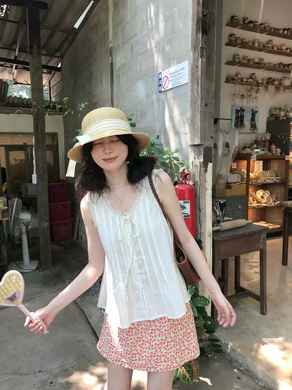 PtonUmi Island Letter - White Lace Trim Sleeveless Vest for Women, Summer Korean Style Design Top
