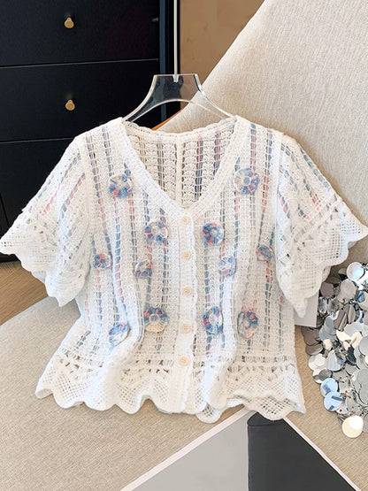 Clearance sale~Summer hollow three-dimensional flower single row short-sleeved knitted sweater for women, versatile and slim top