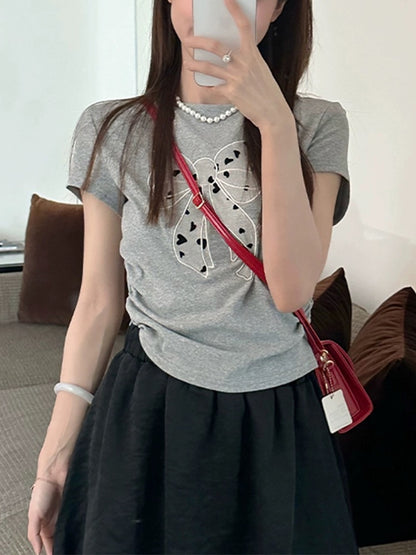 Bow-tie gray right shoulder short-sleeved T-shirt for women 2024 new hot style summer slimming waist short chic top