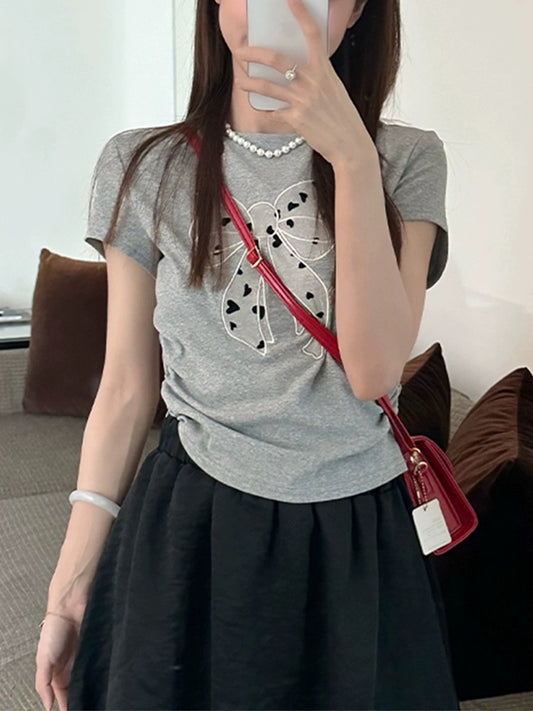 Bow-tie gray right shoulder short-sleeved T-shirt for women 2024 new hot style summer slimming waist short chic top