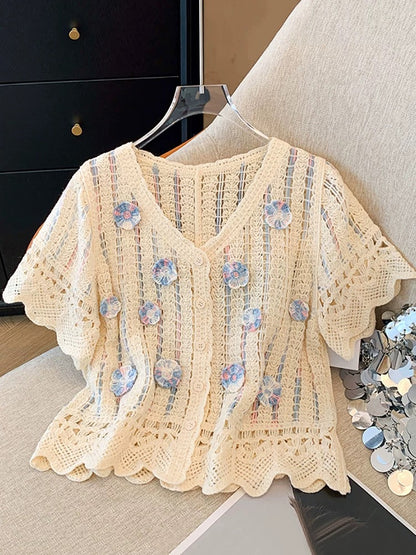 Clearance sale~Summer hollow three-dimensional flower single row short-sleeved knitted sweater for women, versatile and slim top