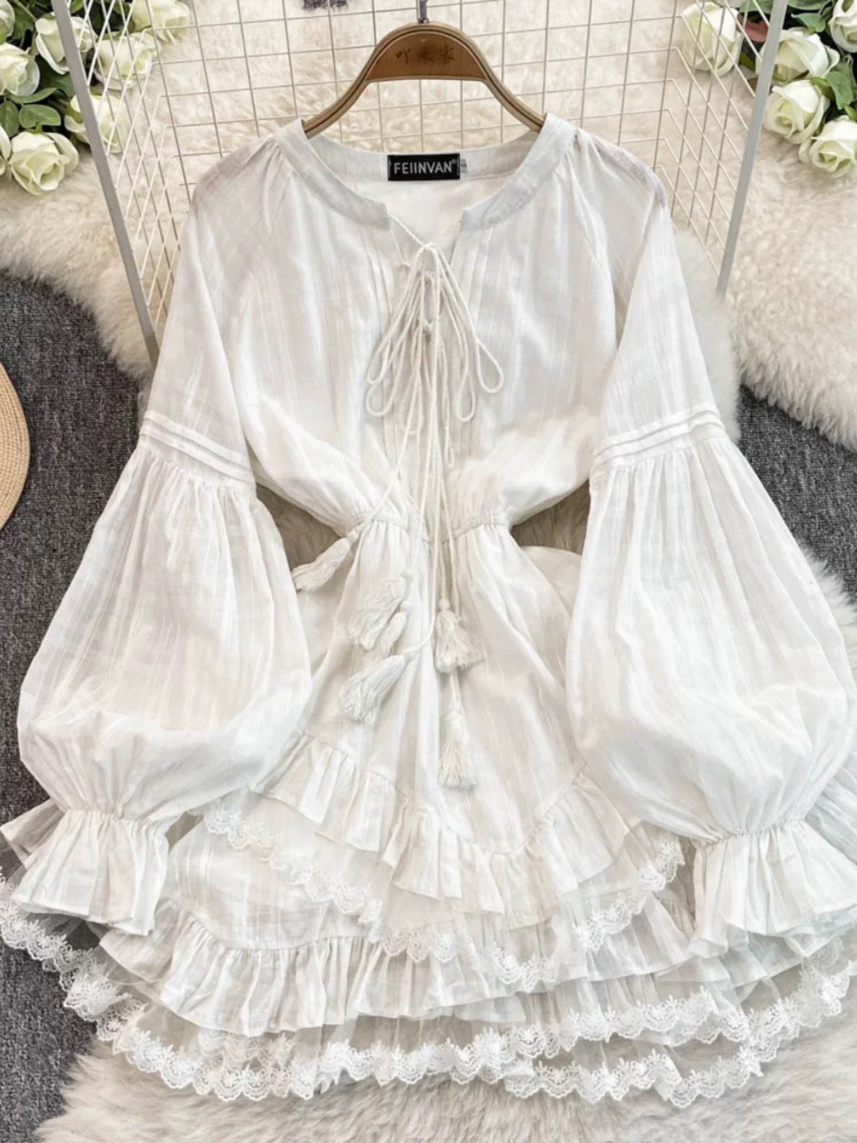 First Love Nostalgia: White Textured Elegant Dress for Women, Autumn Style, French Long Sleeves, Irregular Fairy Cake Dress