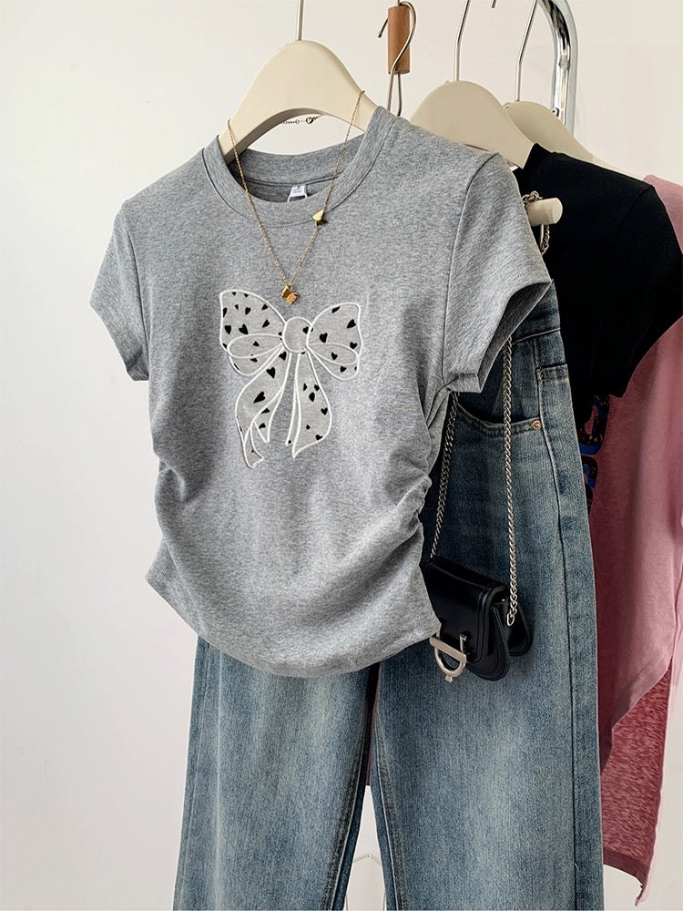 Bow-tie gray right shoulder short-sleeved T-shirt for women 2024 new hot style summer slimming waist short chic top