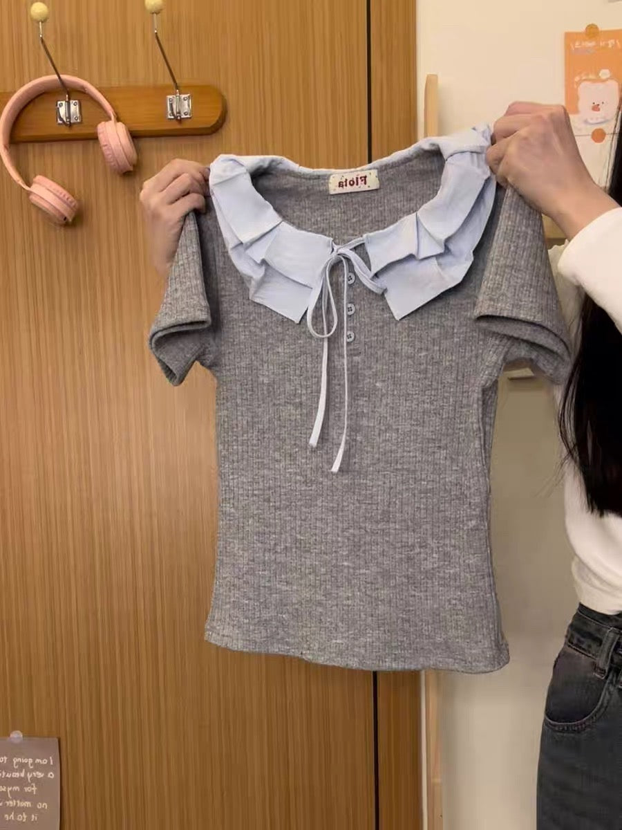 Creamy Universe - Tie-up Bow Peter Pan Collar Knit Short-Sleeve T-Shirt for Women, Japanese Style Sweet Short Top, New Arrival