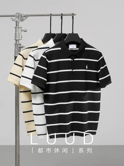 LUUD black and white striped colorblock polo shirt men's honeycomb texture slim fit T-shirt casual lapel knitted T-shirt