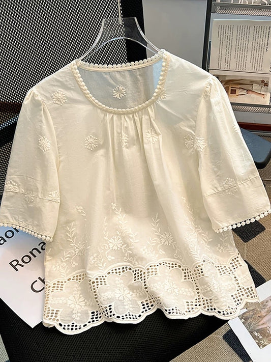 Brand discount square collar hollow lace embroidery short-sleeved shirt women's spring and summer new loose temperament age-reducing small shirt