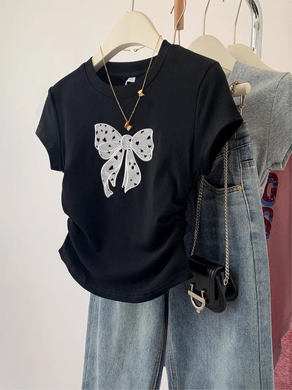 Bow-tie gray right shoulder short-sleeved T-shirt for women 2024 new hot style summer slimming waist short chic top