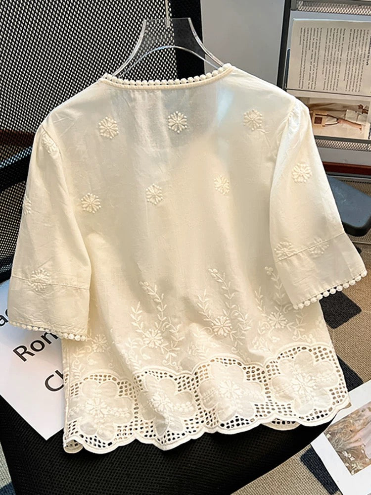 Brand discount square collar hollow lace embroidery short-sleeved shirt women's spring and summer new loose temperament age-reducing small shirt