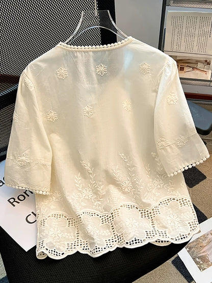 Brand discount square collar hollow lace embroidery short-sleeved shirt women's spring and summer new loose temperament age-reducing small shirt