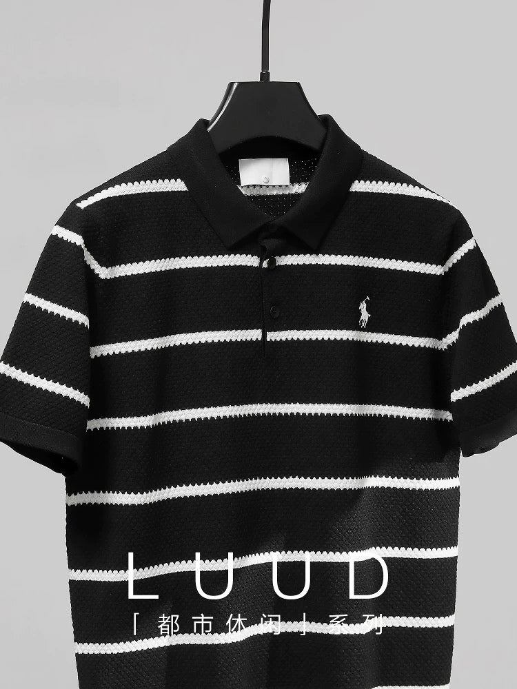 LUUD black and white striped colorblock polo shirt men's honeycomb texture slim fit T-shirt casual lapel knitted T-shirt