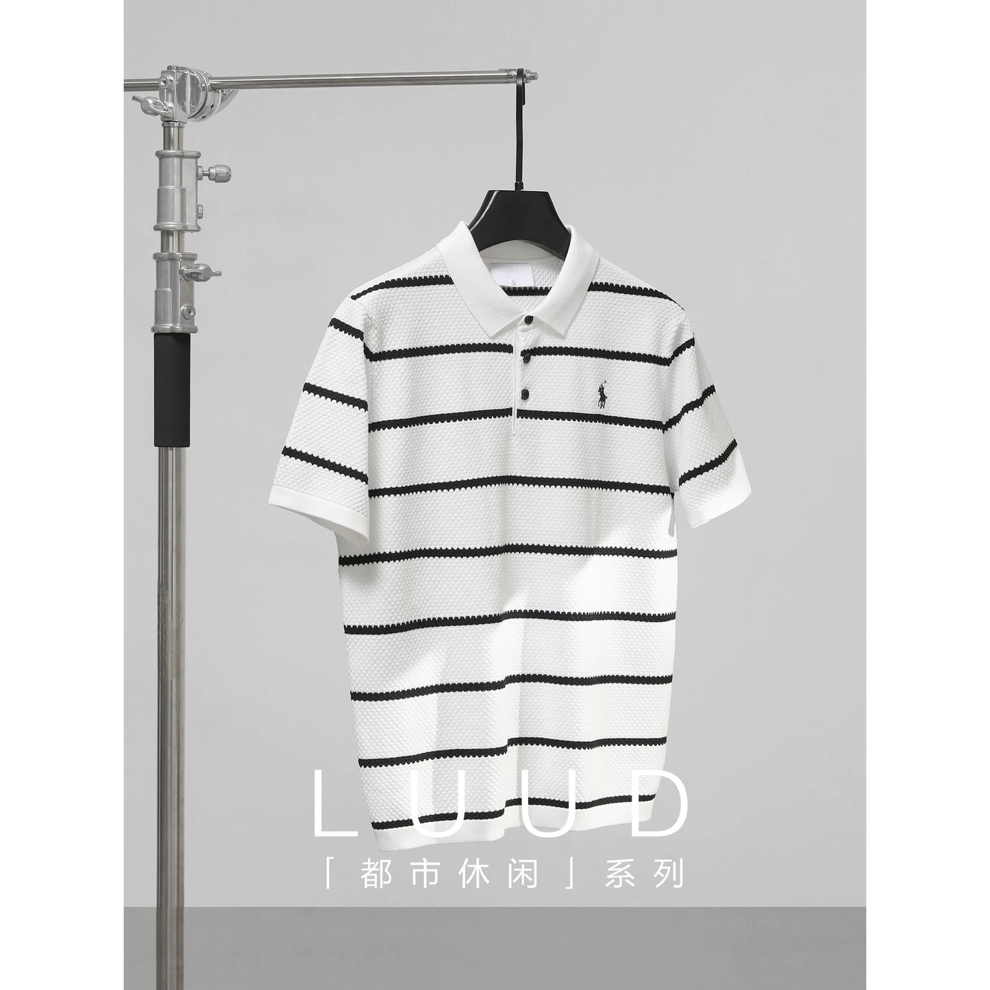 LUUD black and white striped colorblock polo shirt men's honeycomb texture slim fit T-shirt casual lapel knitted T-shirt