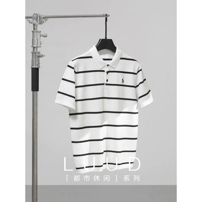 LUUD black and white striped colorblock polo shirt men's honeycomb texture slim fit T-shirt casual lapel knitted T-shirt