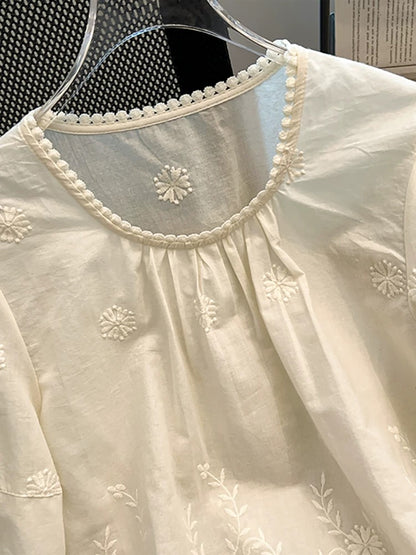 Brand discount square collar hollow lace embroidery short-sleeved shirt women's spring and summer new loose temperament age-reducing small shirt