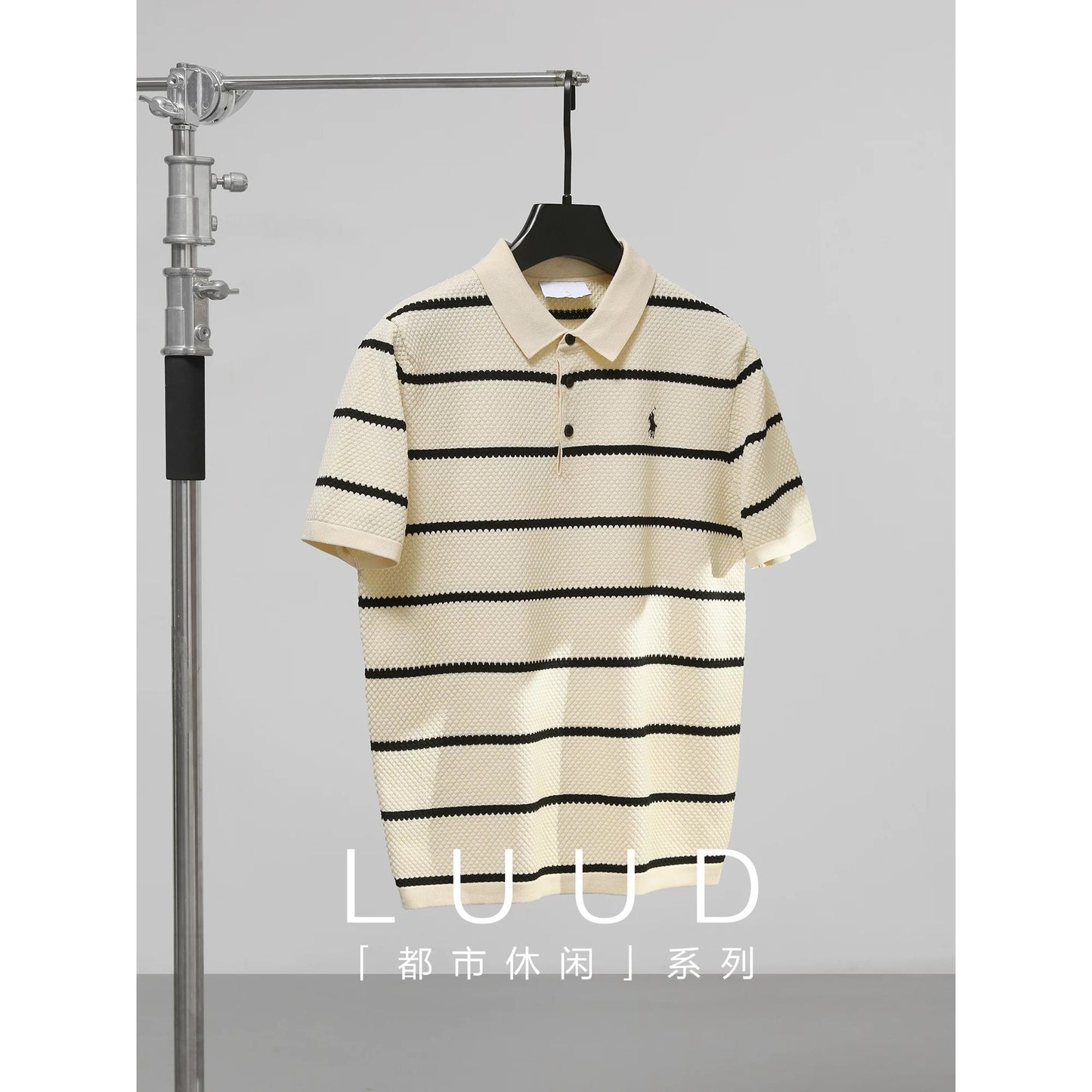 LUUD black and white striped colorblock polo shirt men's honeycomb texture slim fit T-shirt casual lapel knitted T-shirt