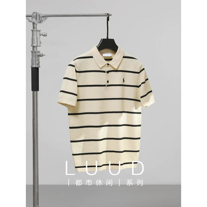 LUUD black and white striped colorblock polo shirt men's honeycomb texture slim fit T-shirt casual lapel knitted T-shirt
