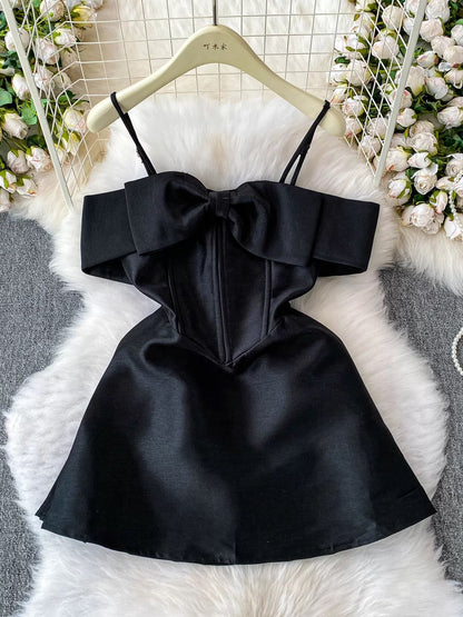 Petite women's elegant satin bow halter dress, summer boning slim fit, little black dress